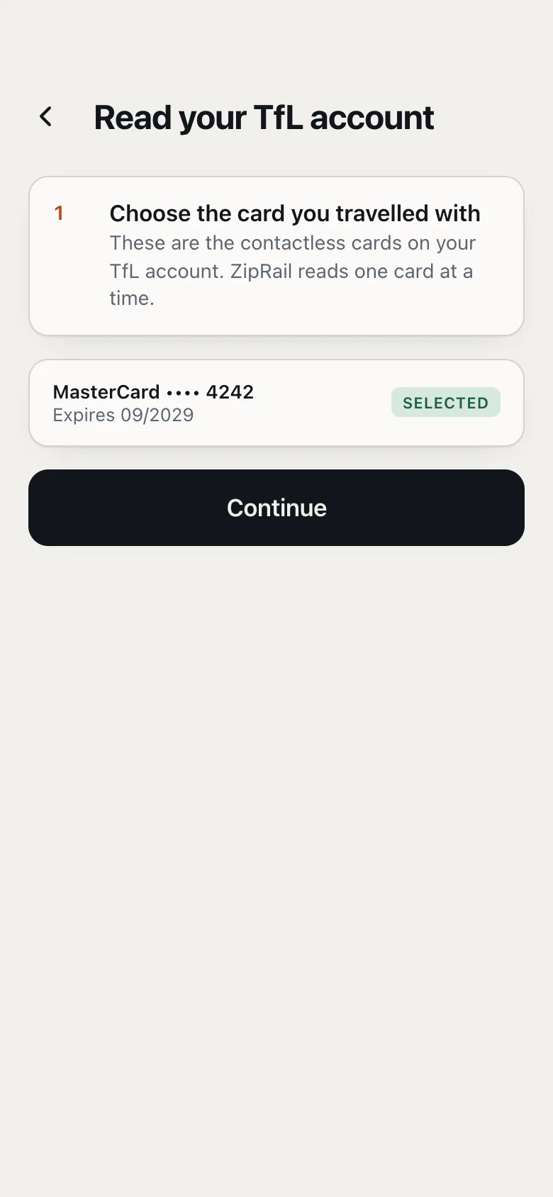 ZipRail asking which contactless card on the TfL account to read. A sample MasterCard ending 4242 is selected.